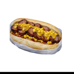 imagem do produto Cachorro quente de Linguiça na brasa C/ molho especial de mostarda e mel - Cachorro quente Raiz