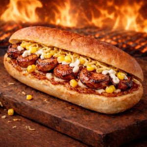 imagem do produto Cachorro quente de linguiça na brasa com molho especial de mostarda e mel . 