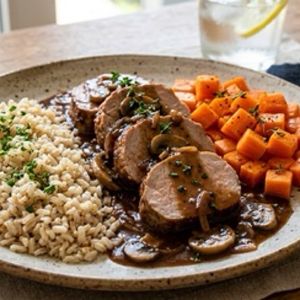 imagem do produto Filé mignon suíno, arroz, abóbora 