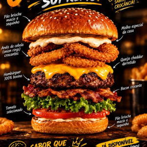 imagem do produto Onion RINGS SUPREMO - pão brioche macio molho da casa carne artesanal de 100 g fatias de bacon anéis de cebola fatias de queijo cheddar derretido salada e a nossa maionese especial da casa