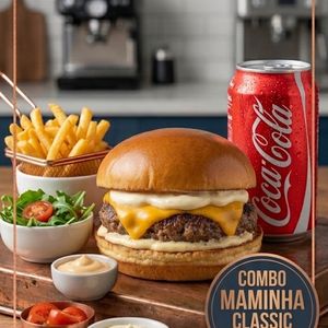 imagem do produto COMBO  1 ( 1 Pão brioche macio com hambúrguer suculento de maminha 100g, cheddar derretido,  e maionese da casa SALADA É OPCIONAL + coca lata + batata pequena )