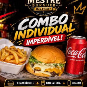 imagem do produto COMBO  1 ( 1 Pão brioche macio com hambúrguer suculento de maminha 100g, cheddar derretido,  e maionese da casa SALADA É OPCIONAL + coca lata + batata pequena )