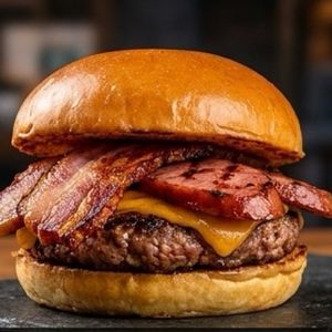 imagem do produto (Planalto Caucaia) Pão brioche, blend de maminha 120g, fatias de bacon , calabresa fatiada , salada fresca, e a maionese especial da casa.!