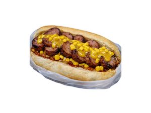 imagem do produto Linguiça na brasa C/ molho especial de mostarda e mel - Cachorro quente Raiz