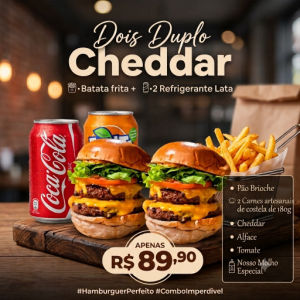 imagem do produto 2 Duplo cheddar artesanal+ Batata frita M + 2 refrigerante lata