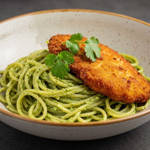 imagem do produto Spaguetti Ao Molho Pesto de Manjericão Com Castanhas e Frango Milanês 