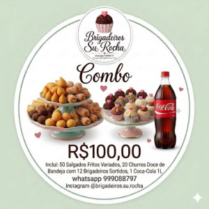 imagem do produto 50 Salgados Fritos Variados+ 20 Churros Doce de Leite + Bandeja com 12 Brigadeiros Sortidos + Coca cola 1L 